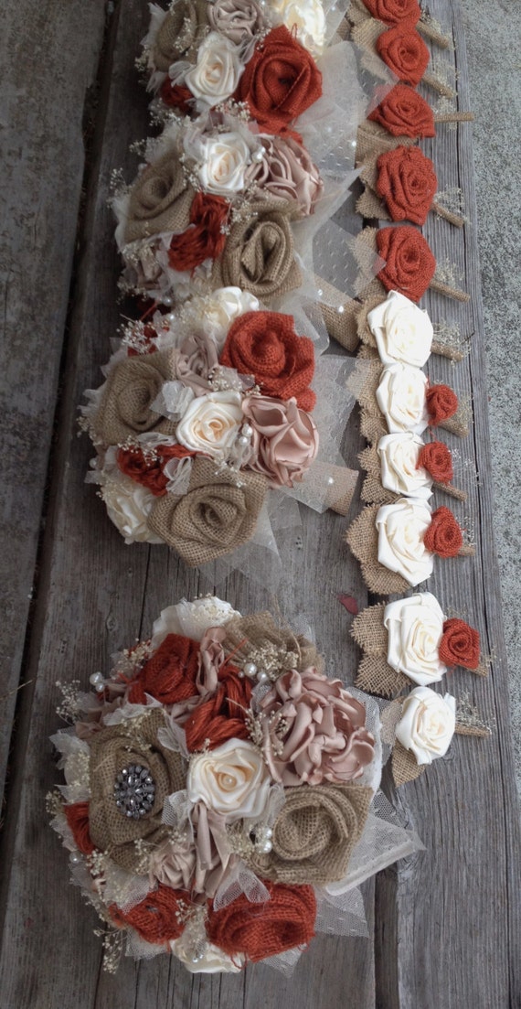 Rustic burnt orange burlap and ivory silk bouquets listing is