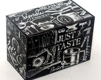 Wood Recipe Box Black and White Cooking Words Kitchen Storage Fits 4x6 Recipe Cards