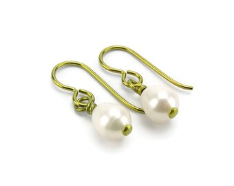 Niobium Pearl Earrings, Gold Niobium Earrings, White Freshwater Oval Pearl Sensitive Ears Earrings, Non-Allergenic Niobium Jewelry