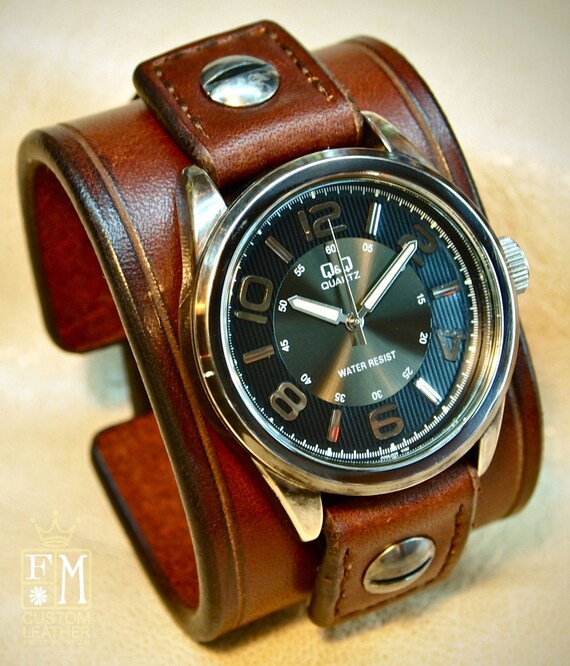 Leather cuff Watch Vintage Brown bridle leather wristband watchband, wrist watch made for YOU in USA by Freddie Matara