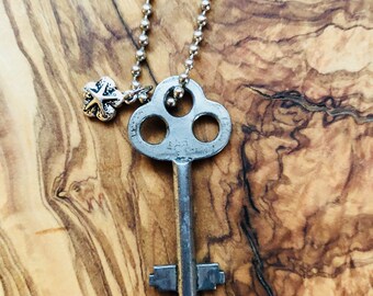 Silver Skeleton Key Necklace - Vegan Leather - Antique Key Necklace - Mens Key Necklace - Rustic Key - Key To My Heart Necklace