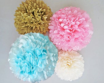 Pink, Light Blue & Gold Tissue Paper Pom Poms, 4 Piece Set, Baby Shower Decorations, Gender Reveal Decorations, Nursery Decor, Party Decor