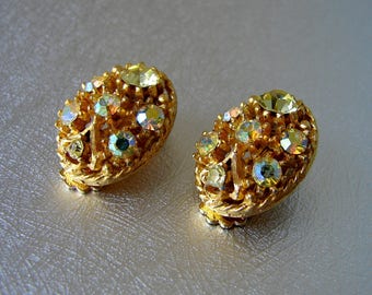 Rhinestone Clip Back Earrings Citrine Yellow & Aurora Borealis Vintage Costume Jewelry AB Gold Wedding Bridal Formal Pageant Ballroom Prom