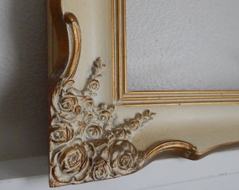 Hollywood Regency 10.5"W x 13.5"H Painted Portrait Frame with Rose Detail in Antique White w/Gold Gilt Detailing - 1960s Frame with Glass