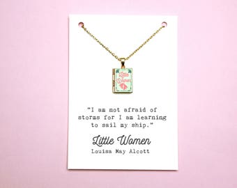 Little Women Book Quote and Locket Charm. Not Afraid of Storms Jo March Quote Card. Book Necklace. Book Jewelry Literary Gift Locket Library