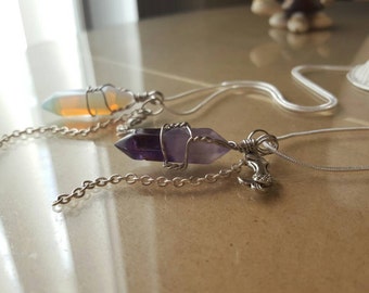 Mermaid Jewelry- Crystal Point Amethyst Necklace- Hexagonal Opalite Pendant Necklace- Gift Under 20- Mermaid Charm- Hexagonal Point Necklace