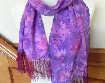 Long silk scarf with fringe hand dyed shades of grape, from vine to wine, crepe silk scarf 11x60, ready to ship #411
