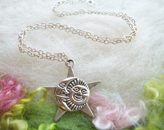 Sun Moon Necklace Silver Star Sun Moon Pendant Star Sun Moon Silver Charm Small Chain Whimsical Celestial Jewelry Retro Charm Necklace