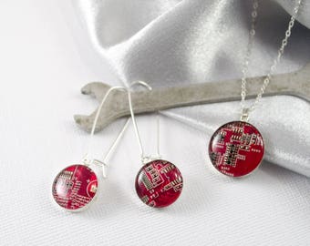 Circuit Board Necklace and Earring Set Red, Sterling Silver Jewelry, Wearable Technology, ENgineer Gift, Reclaimed Jewelry, Geek Chic Gift