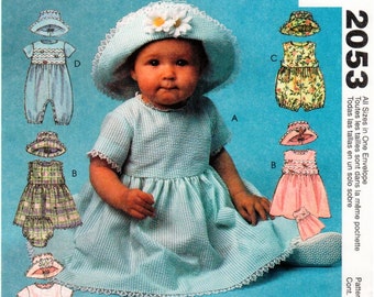 Easy McCall's UNCUT Pattern 2053 - Infants' Dress, Rompers in Two Lengths with Snap Crotch, Panties & Hat - All Sizes Included