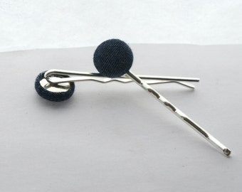 Denim Button Hair Pins / Chambray Fabric Button Barettes