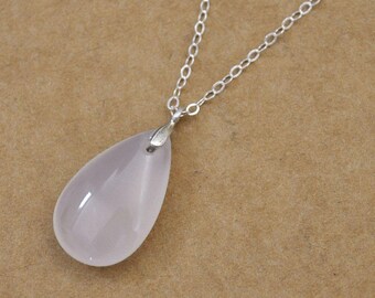 silver rain drop necklace, RAINING DAY, teardrop necklace, rain drop, clear water, white agate raindrop necklace