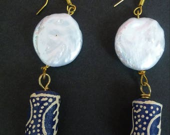 freshwater coin pearl earrings with African beads