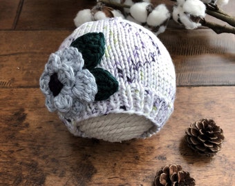 Spring Flower Hat for Baby/Baby Girl Beanie/Purple Gray White Baby Hat/Newborn Hat/Flower Baby Hat/Baby Girl Gift/Photo prop for Baby Girl