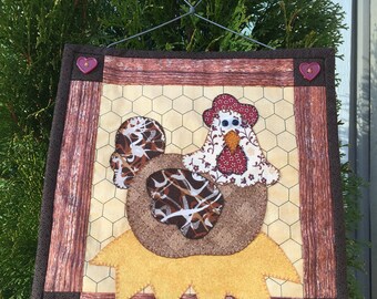 Brown Chicken Mini Quilt with Wire Hanger