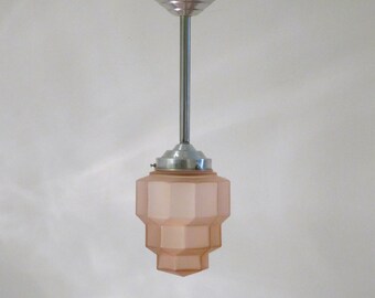 Pale Pink French Art Deco SKYSCRAPER Pendant Light 1930s - Richly Sculptured Deco Details - Unique Design