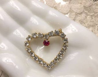 Vintage Rhinestone Heart Pin Valentine Sweetheart