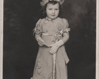 Little bridesmaid, flower headband, Art Deco dress, real photo girl, Art Deco fashion, girl photo, vernacular, social history (rppc/ch278)