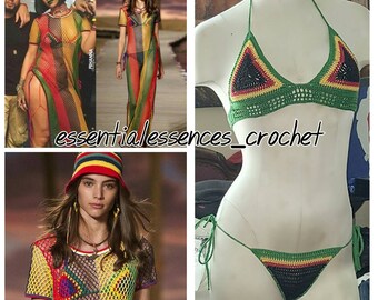 Handmade Crochet Red-Black-Yellow-Green (Rasta) 2pc Bikini...Rihanna Work Video Inspiration Bathing Suit