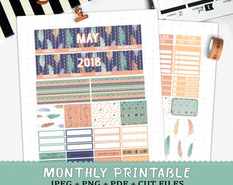 May 2018 monthly planner stickers for Erin Condren LifePlannerTM watercolor tribal feathers blue printable sticker kit silhouette cut files