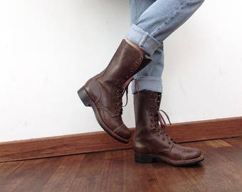 International Shoe Co. NY | Vintage | 1950s | Military Jump Boots | Light Tread | Leather | Brown | Original | Womens 5 | Deadstock