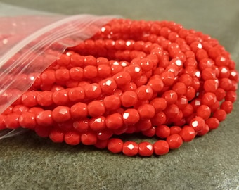 Opaque Red Czech Glass Firepolish Beads 4mm Faceted Glass 50pc