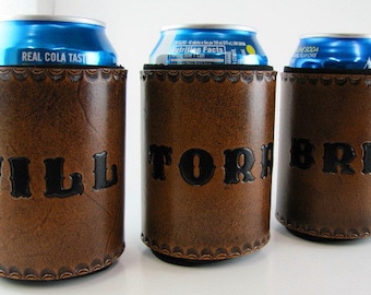 Leather Can Cooler Personalized Made to Order Custom Can Holder Hand Tooled Leather Wedding Groomsmen Gift Beer Holder Hand Stamped Tooled