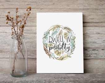 Dwell in Possibility, Printable Wall Art, Motivational and Inspirational Quote Print, Feathers With Quote, Home Office Quote Print, Wall Art