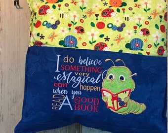 Baby Caterpillar Reads - Pocket Pillow - Embroidered Pocket Pillow - Kids Decor