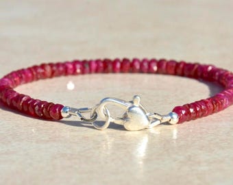 Ruby Bracelet, July Birthstone Bracelet, Beaded Bracelet, Natural Ruby Gemstone Bracelet, Silver Charm Bracelet, Mothers Day Gift