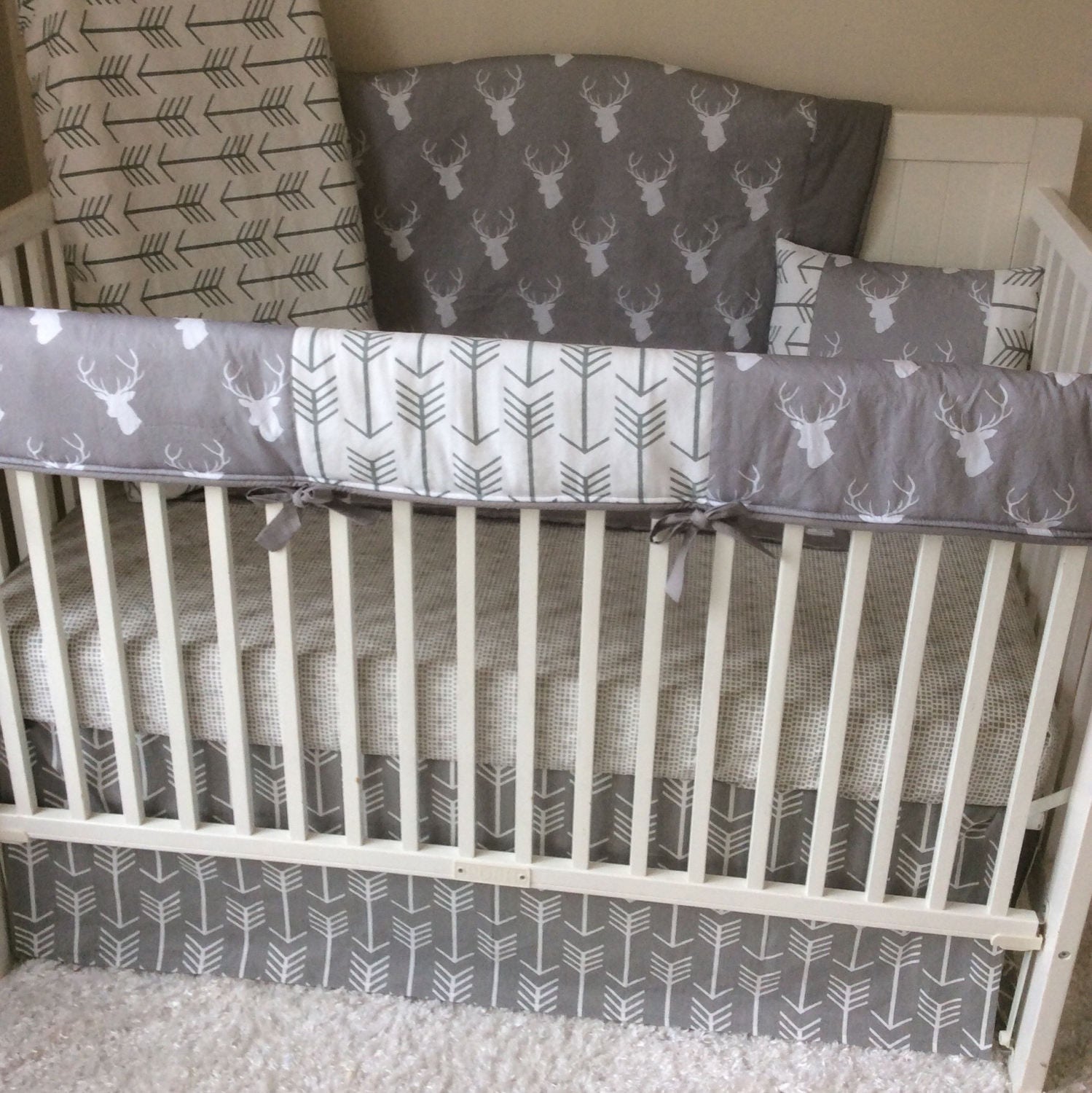Crib Bedding Neutral in White and Gray Stag and Arrows