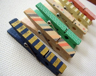 Set of six Mini Screen printed clothespin magnets / fridge magnets / kitchen magnets / super strong