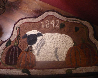 Primitive Hooked Rug PATTERN On Linen- 'Sheep and Pumpkins'- 27" x 18"
