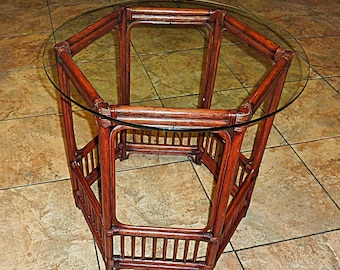 Vintage Bamboo and Rattan Table with Glass Top