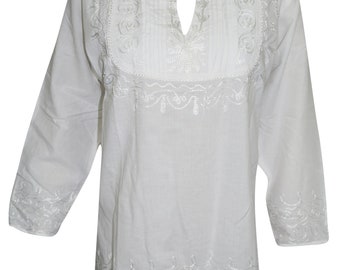 Womens Blouse Summer In The City White Hand Embroidered Elegant Blouse Top Cover Up L