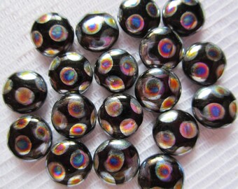 18 Ebony Black & Silver Dotted AB Vitrail Czech Glass Puffed Coin Beads 11mm