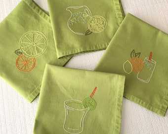 Citrus Drinks Napkins Lemon Lime Hand Embroidered
