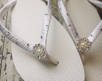 Kristen Bridal Flip Flops, Custom Flip Flops, Bling Pearl Dancing Shoes, Rhinestone Bridal Sandals, Wedding Flip Flops, Beach Wedding Shoes