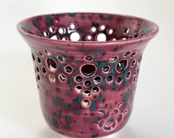 Multi Colored Votive Candle Holder or Luminary with Decorative Holes - Wheel Thrown Pottery