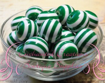 20mm Emerald Green and White Striped Beads Qty 10