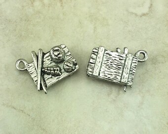 Sushi Plate Charm > Chop Sticks Fish Sashimi Rice Vegetables - Unfinished American made Lead Free Silver Pewter - I ship internationally