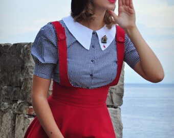 Black gingham Peter Pan collar blouse vintage 1940s inspired puff sleeves by BlancheOfArts