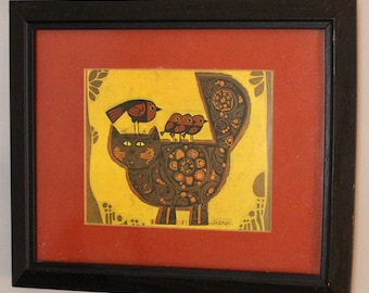 Mid-Century Cat and Bird Picture