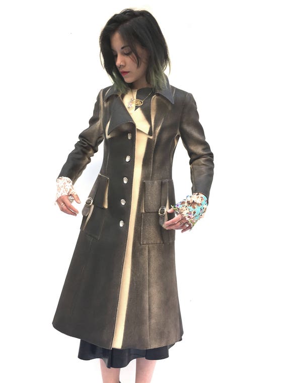 Hand Painted Unique LOLA DARLING Double Breasted Coat Overcoat One-of-a-kind Outerwear Artwork Women Clothing Printed Linen Light Wool