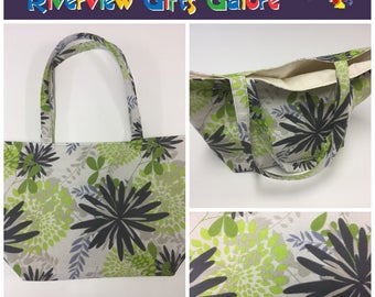 Large Tote Bag - Lime Grey Flowers