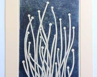 linocut - SPROUTS // 16x20 art print // printmaking // block print // blue // nature art // seedlings // fungi // original // large print