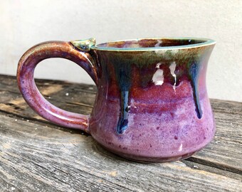 Mug Ceramic Handmade wheel thrown pottery holds 11oz purple, pink and green