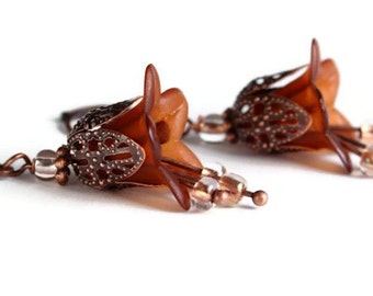Chocolate brown lily flower and antique copper leverback earrings (250)