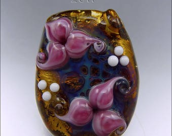 PINK & AMBER FLORAL - Freeform Lampwork Focal Bead - Handmade Jewellery Supplies - by Stephanie Gough sra fhfteam leteam