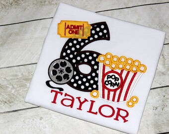 Girls Movie birthday shirt Birthday Movie ticket popcorn theater shirt for girls Red yellow black movie set Size 2t 3t 4t 5 6 8 10 12 month